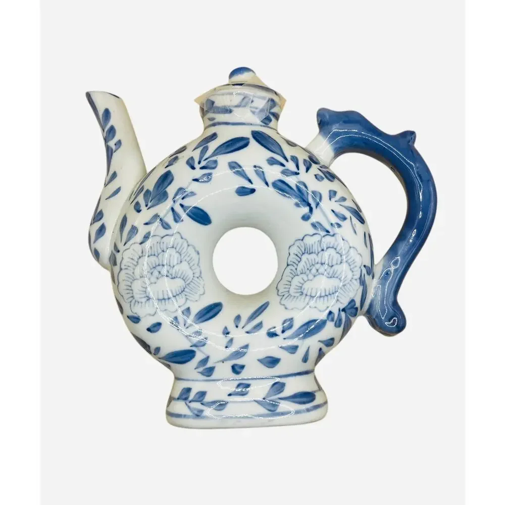 Vintage Blue and White Porcelain Donut Shape Teapot 7”